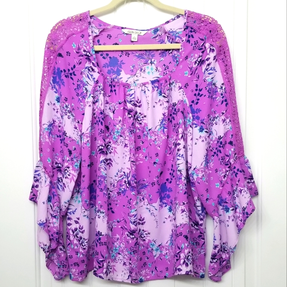 Pioneer Woman Size Large Pink Floral Square Neck Blouse w 3/4 Bell Sleeves
